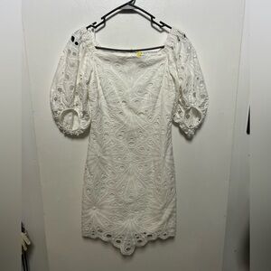 “Trina Turk” SZ: (2) White Puff Sleeves & Eyelet Pattern, Lined, Zipper Back E/C